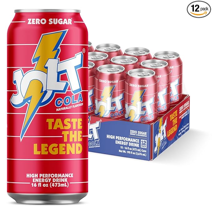 JOLT Cola Energy Drink – 200mg Caffeine Zero Sugar 16oz Can – Classic 80s Flavor Nootropics B-Vitamins Metabolism Boost – Performance Energy Beverage (12 Pack)
