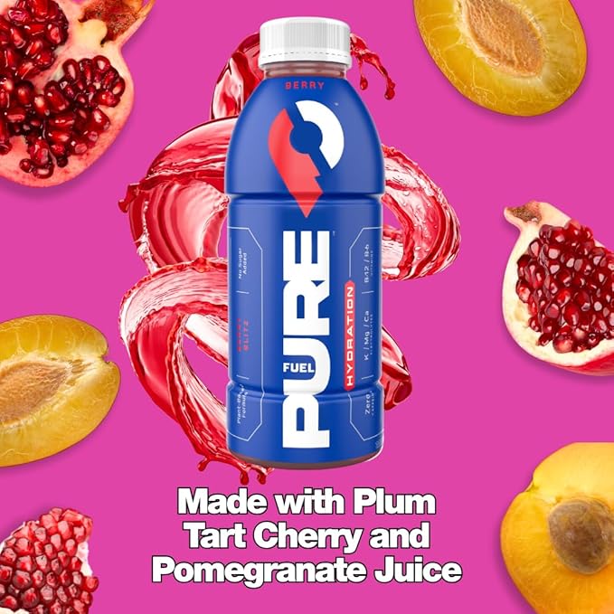 Pure Fuel Hydration Drinks Berry Blitz - Plant-Based Healthy Electrolyte Drinks with B-Vitamins - No Added Sugar - 12 Pack x 16.9 fl oz Bottles