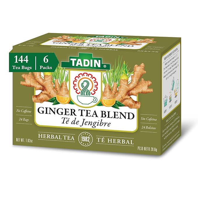 Tadin Ginger Tea Blend Herbal Tea Caffeine Free 24 Tea Bags Per Box Pack of 6