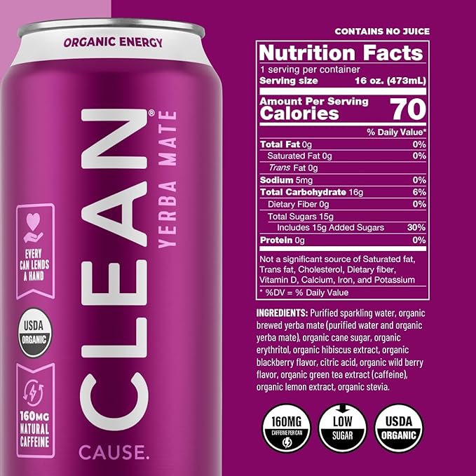 NEW! CLEAN Cause Non-Carbonated Low Calories Low Sugar &amp Zero Calorie Zero Sugar Variety Packs USDA Organic Yerba Mate Tea (15.5oz cans 3-12-Pack Case) 160mg Caffeine