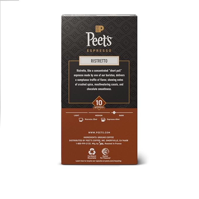 Peet's Coffee Dark Roast Espresso Capsules Compatible with Nespresso Original Machine 100% Arabica Coffee - Ristretto Intensity 10 50 Count (5 Boxes of 10 Espresso Capsules)