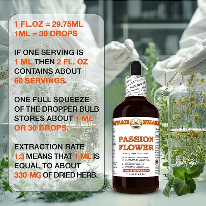Hawaii Pharm Passion Flower Extract Tincture for Calm and Sleep Support Soothes Digestive Discomfort Promotes Relaxation Encourages Emotional Balance - 32 fl.oz