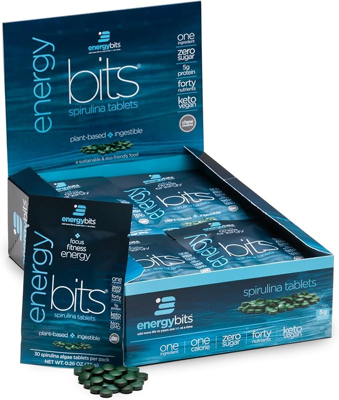ENERGYBITS - Organic Spirulina Tablets - Plant-Based Algae Superfood - for Focus Fitness Energy - Plant Protein - Gluten Free - Collagen Vitamin B12 Omega 3 - Keto &amp Vegan - 900 Algae Tablets
