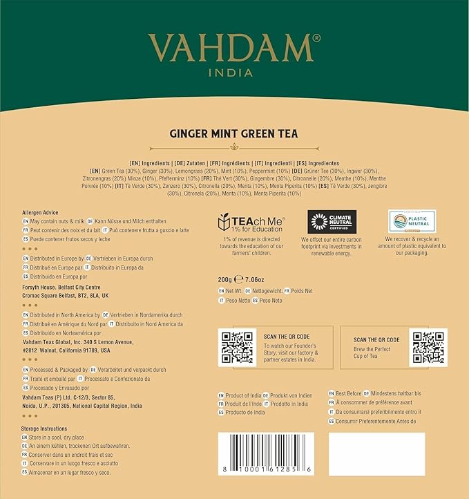 VAHDAM Ginger Mint Green Tea Bags (100 Count) High Grown Green Tea with Raw Ginger | Medium Caffeine | Non GMO Gluten Free | Mint Tea Bags | Resealable Ziplock Pouch