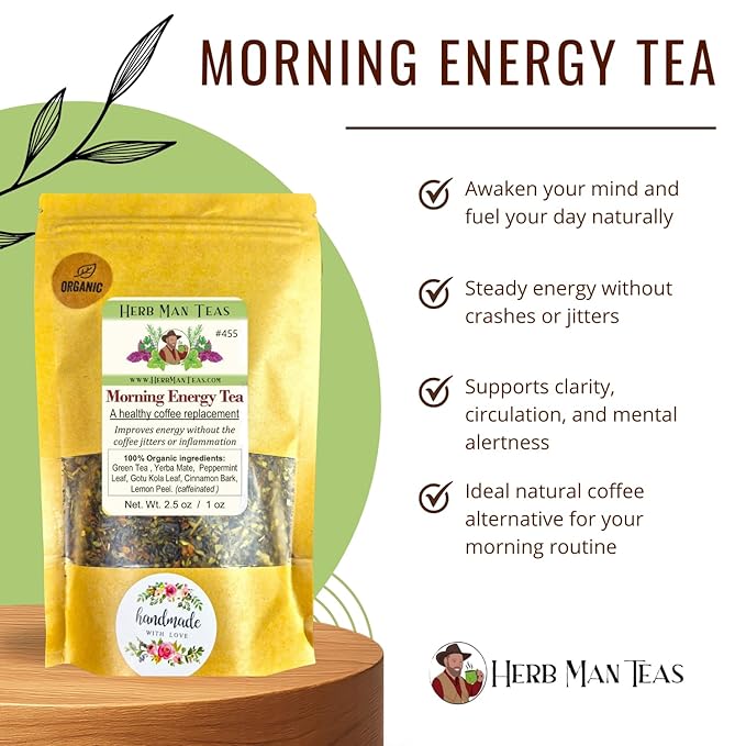 MORNING ENERGY TEA – Smooth Steady Energy Without Coffee Jitters – Organic Loose Leaf – by Master Herbalist Khabir | Green Tea &amp Eleuthero