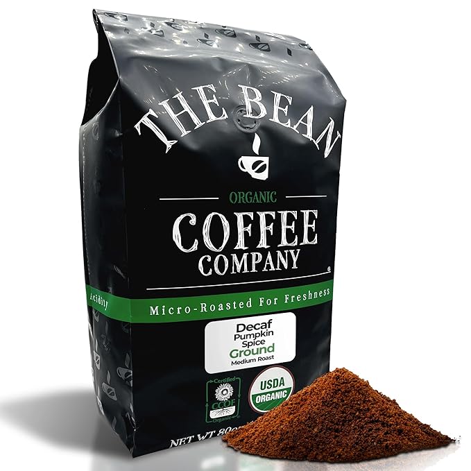 The Bean Organic Coffee Company Water Processed DECAF Pumpkin Spice Medium Roast Ground Coffee 5-Pound Bag Café Molido Tostado Orgánico descafeinado