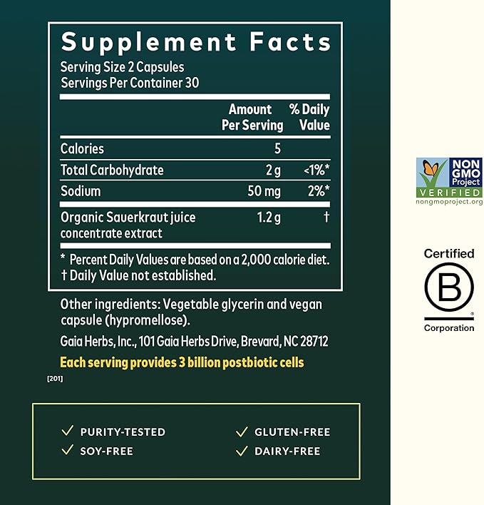 Gaia Herbs Sauerkraut Postbiotic - Gut Health &amp Immune Support Supplement* - Made with Fermented Sauerkraut - Free from Dairy Soy &amp Gluten - 60 Vegan Liquid Phyto-Caps (30 Servings)