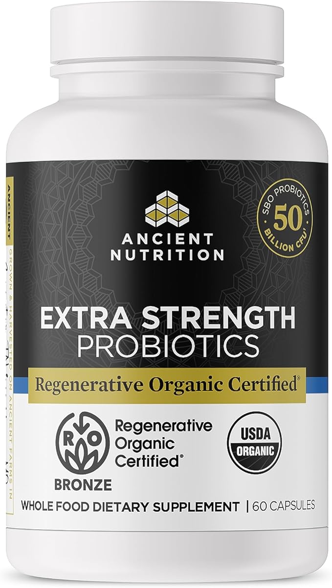 Ancient Nutrition Regenerative Organic Certified Probiotics Extra Strength Probiotics for Healthy Digestion and Immune System Function Support 50 Billion CFUs* Per Serving 60 Count