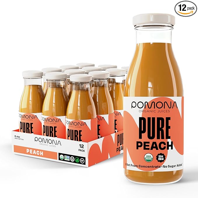 Pomona Organic Peach Juice (Pack of 12) Cold Pressed USDA Organic Juices 100% Peaches No Added Sugar Not From Concentrate Vegan Kosher Non GMO Pasteurized 8.4 oz Glass Bottles