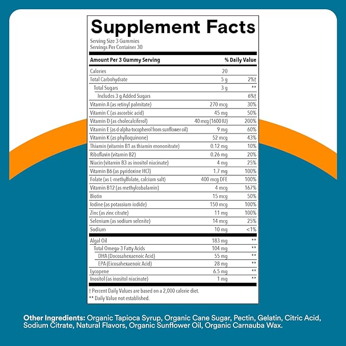 SmartyPants Men's Multivitamin Gummies Omega 3 (DHA/EPA) Methylfolate Vitamin D3 C Vitamin B12 B6 Vitamin A K Zinc &amp Selenium Gluten Free 90 Count (30 Day Supply)