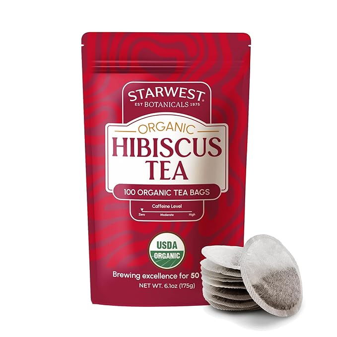Starwest Botanicals Organic Hibiscus Tea - Caffeine Free Herbal Tea Tea with Antioxidant Properties String Free Sachets USDA Organic Hibiscus Flower Non GMO - Bulk Pack 100 Tea Bags