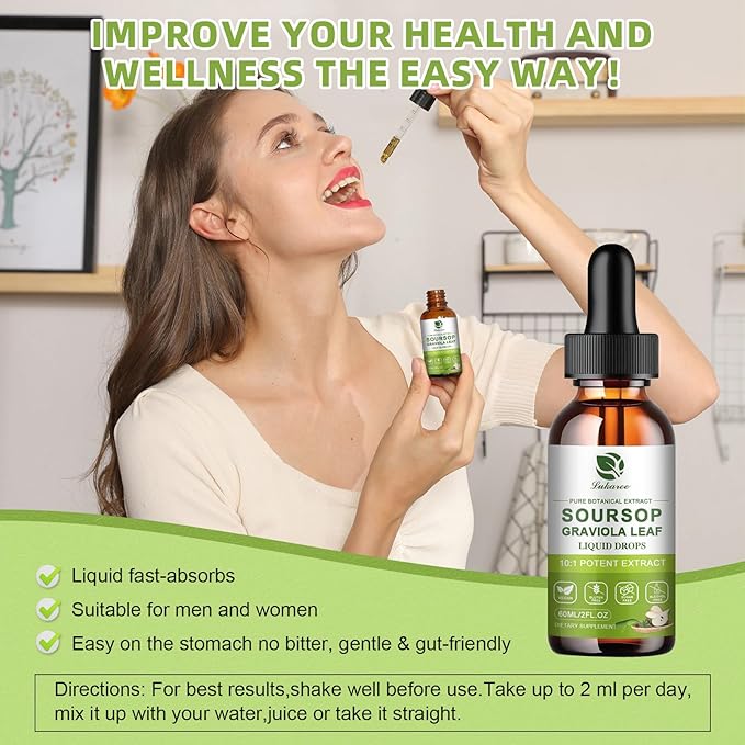 Lukaree Pure Soursop Leaves Extract 10X Concentrated Graviola Soursop Bitters Liquid Drop for Immune Digestive Energy Cold-Extracted with High Potency Alcohol-Free Vegan &amp Non-GMO