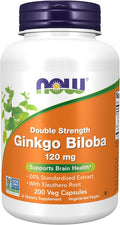 NOW Supplements Ginkgo Biloba 120 mg Double Strength Non-GMO Project Verified 200 Veg Capsules