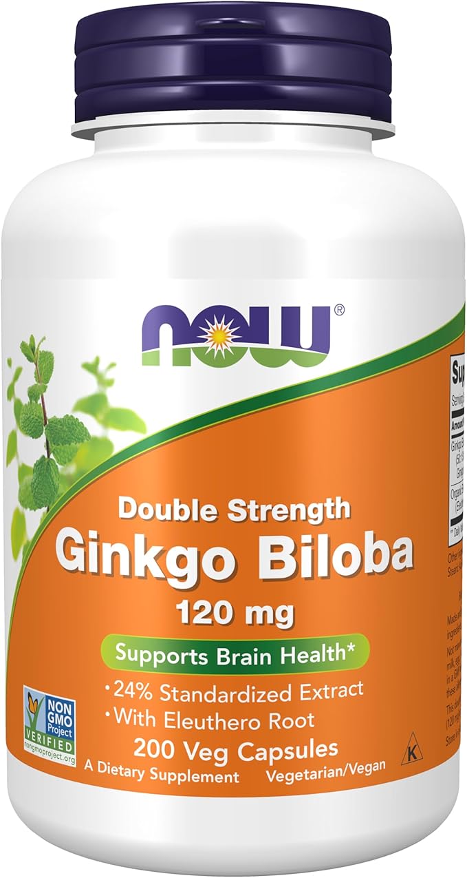 NOW Supplements Ginkgo Biloba 120 mg Double Strength Non-GMO Project Verified 200 Veg Capsules