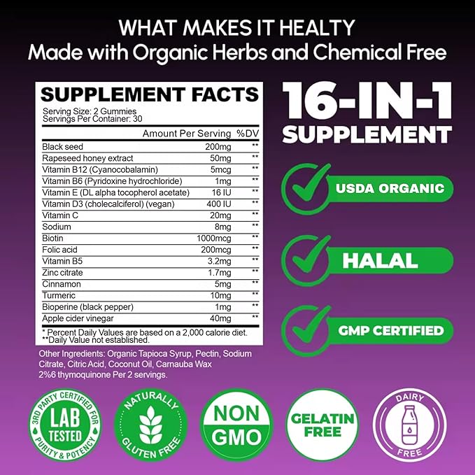 Black Seed Oil &amp Honey Gummies with Turmeric – 16-in-1 Supplement with Vitamins D3 B12 Biotin &amp Zinc –USDA Organic Halal Vegan Non-GMO 2% Thymoquinone 60 Gummies