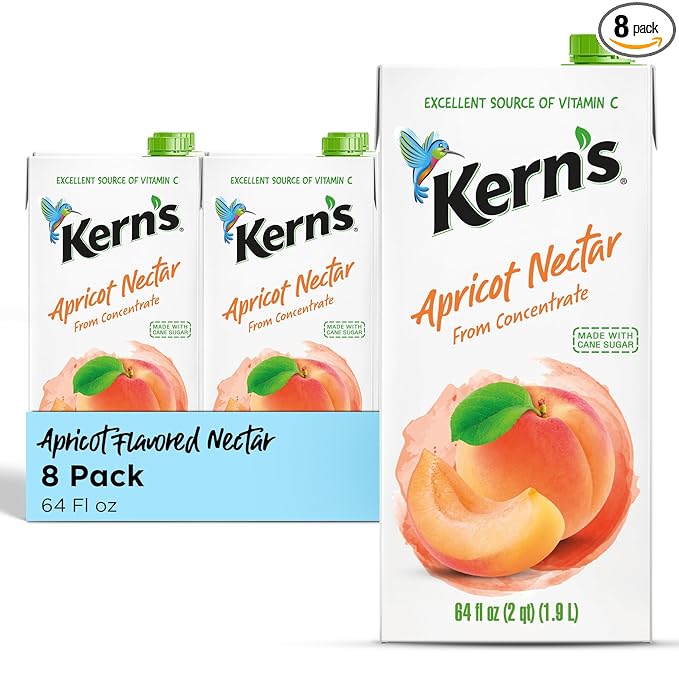 Kern’s Apricot Nectar Juice - Made with Fresh Fruit Puree &amp Apricot Juice Concentrate for Smoothie Mix Cocktail Mixers Kids Drink &amp Beverages - 64oz 8 Pack Carton