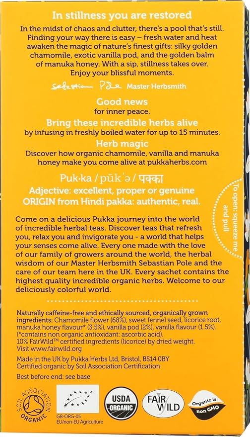 Pukka Organic Tea Bags Chamomile Vanilla &amp Manuka Honey Herbal Tea Perfect for Moments of Calm 20 Count (Pack of 6) 120 Tea Bags