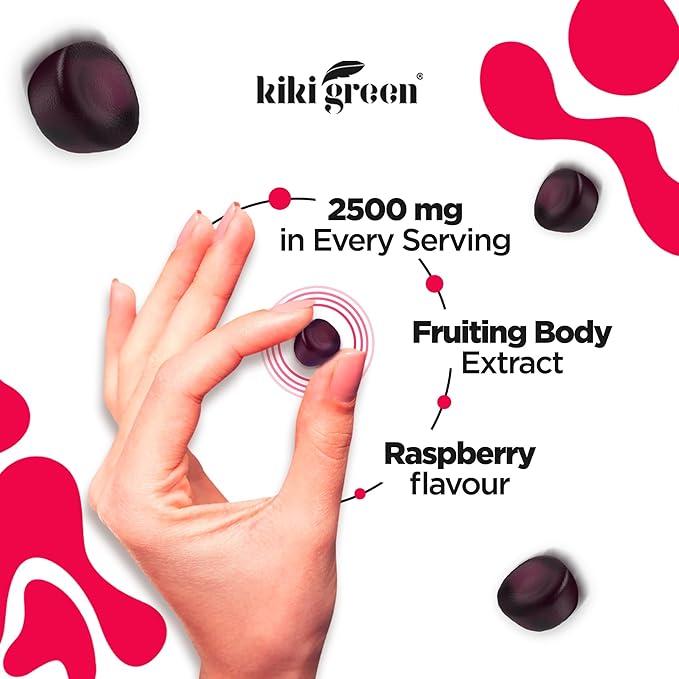 KIKI Green 12 Mushroom Supplement Gummies - Lion's Mane Cordyceps Chaga Reishi Turkey Tail &amp 7 More for Memory Focus Immunity - 60 Mushroom Gummies for Adults with Raspberry Flavor 10:1 Extr
