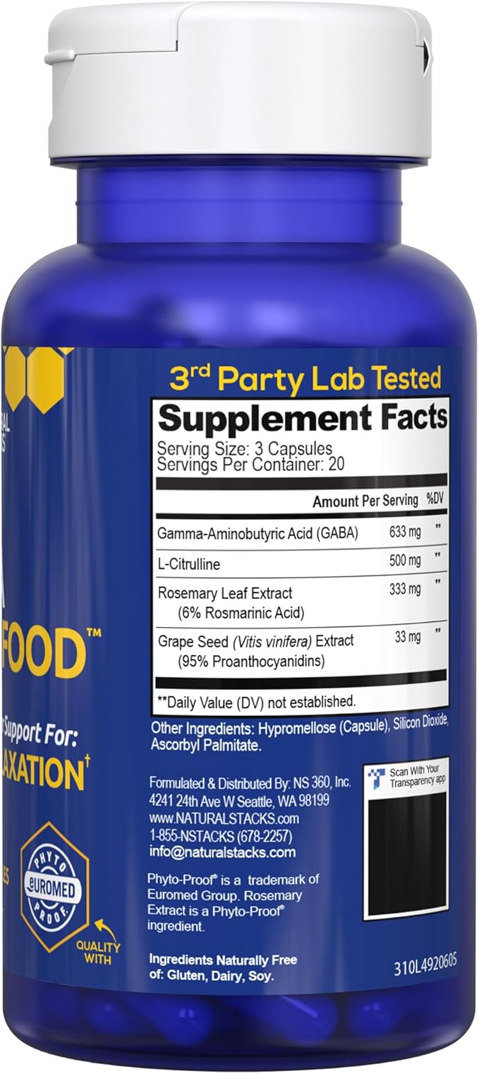 GABA Brain Food - GABA Supplement with L-Citrulline &amp Grape Seed Extract - Supports Calm &amp Relaxation - Nighttime Sleep Aid - Supports Production of Gamma Aminobutyric Acid - 60 L-Citrulline C