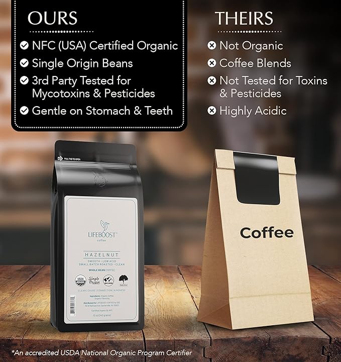 Lifeboost Hazelnut Whole Bean Coffee – Organic Low Acid Non-GMO Hazelnut Flavored Coffee – Single Origin Mold-Free Mycotoxin Tested 12 oz