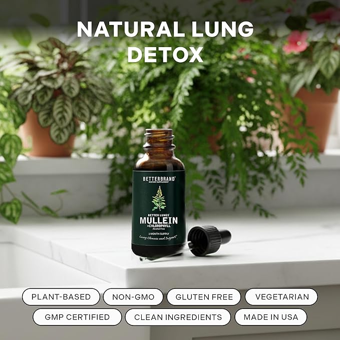 Betterbrand Mullein Lung Detox Drops (3-Pack) 60ml Mullein Leaf Tincture with Chlorophyll for Respiratory Health Support - Alcohol-Free - 3 Month Supply