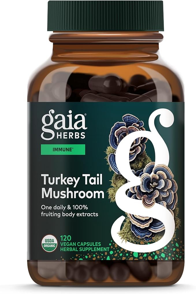 Gaia Herbs Turkey Tail Mushroom - Traditional Immune Support &amp Liver Health Supplement* - with Organic Turkey Tail Mushroom Fruiting Body Extract - 120 Vegan Capsules (120 Servings)