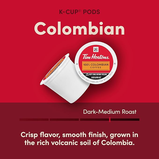 Tim Hortons 100% Colombian MedTim Hortons 100% Colombian Medium Dark Roast Coffee Single-Serve K-Cup Pods Compatible with Keurig Brewers 72ct K-Cups 12 Count (Pack of 6)