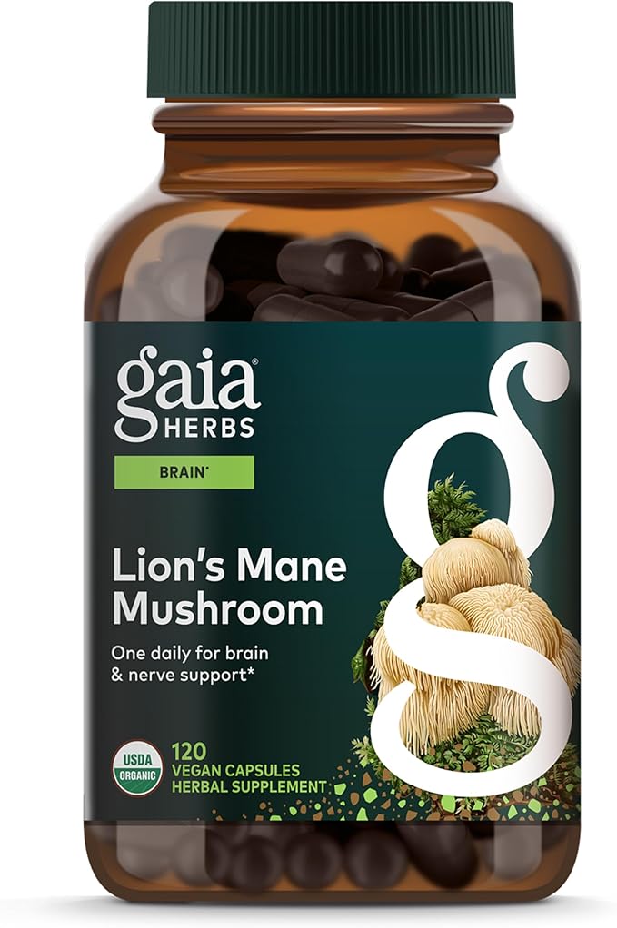 Gaia Herbs Lion's Mane Mushroom - Brain &amp Nerve Health Support* - 120 Vegan Capsules (120 Servings)