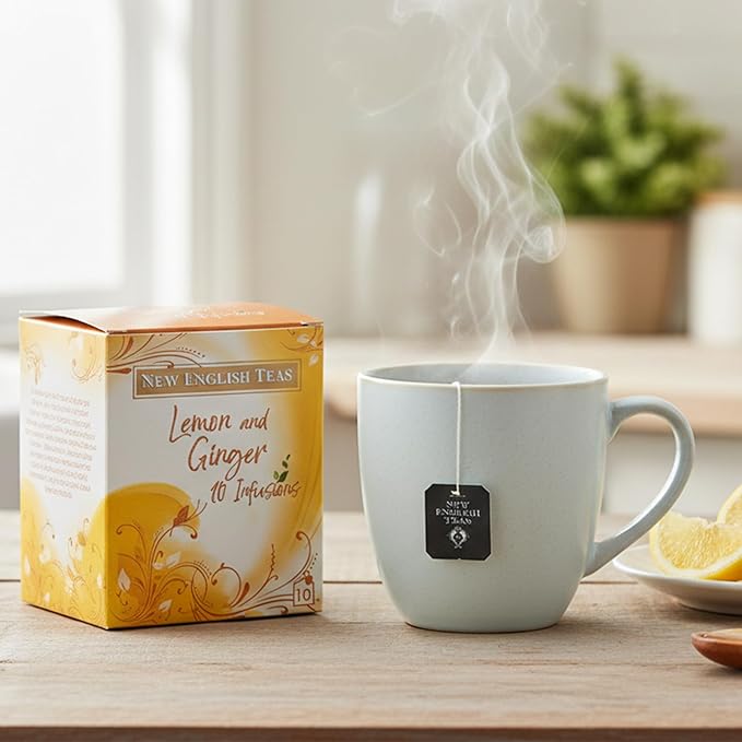 New English Teas Fruit &amp Herbal Tea 120 Teabags 12 Packs of 10 Individually Wrapped Tea Bags Naturally Caffeine Free (Lemon &amp Ginger)