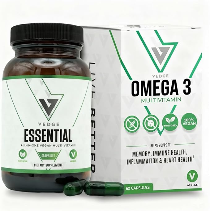 VEDGE Vegan Omega 3 Multivitamin for Women and Men – Plant-Based Algal EPA &amp DHA + Vitamin B12 Vitamin D K2 Magnesium Zinc &amp Selenium – 30-Day Supply – Non-GMO Gluten Free Made in USA