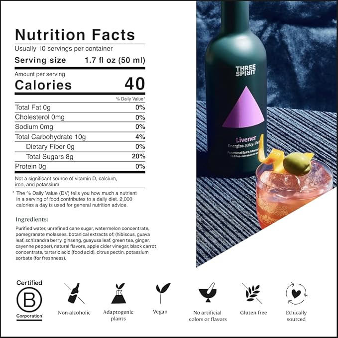 Three Spirit Non-Alcoholic Alternative Spirit- The Livener 50cl | Energizing with Natural Caffeine ADAPTOGENS &amp Watermelon &amp Ginger | Multi-Award Winning Active botanical Gluten Free &amp