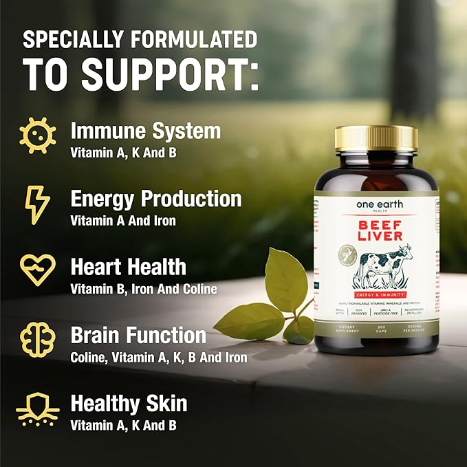 One Earth Health Beef Liver Capsules. 100% Grass Fed New Zealand Beef Liver. Pasture Raised. GMO and Filler Free. 200 Capsules (3000mg Serving)