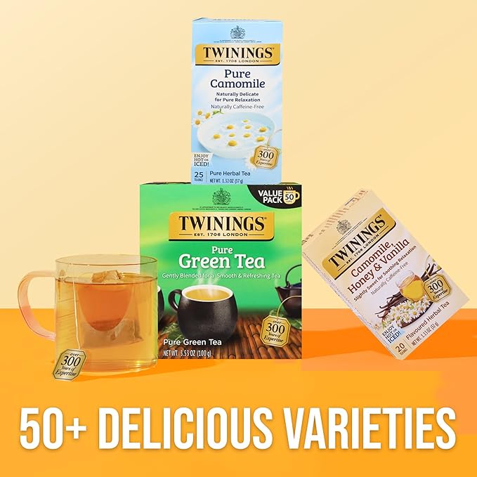 Twinings Pure Camomile Herbal Tea Individually Wrapped Bags 25 Count (Pack of 6) Calming &amp Delicate Naturally Caffeine-Free Enjoy Hot or Iced 150 Teabags