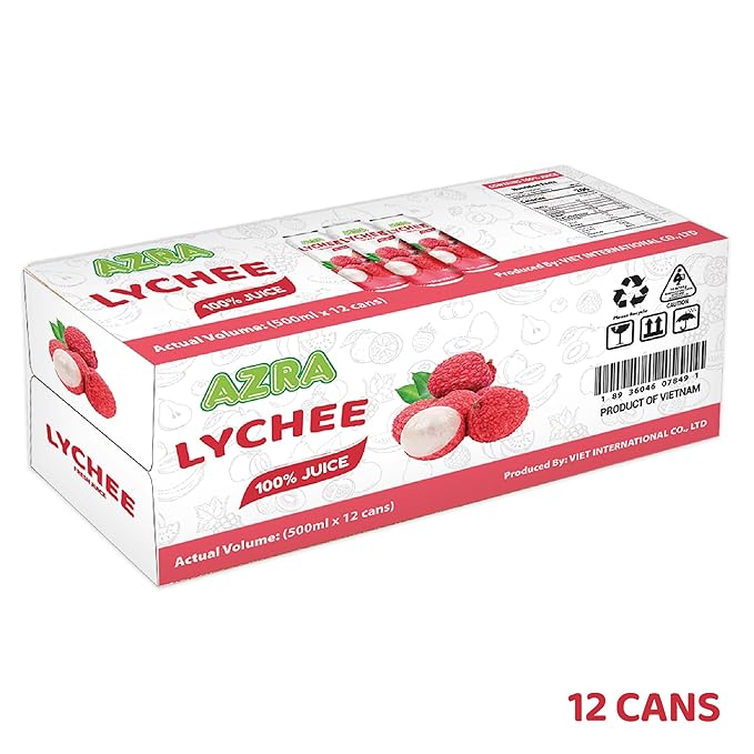 AZRA 100% Lychee Juice – Exotic Fruit Juice in 500ml Cans – Zero Sugar Juice Healthy Beverages Variety Pack for Kids and Adults – Bulk 100% Juice Pack 12 Count