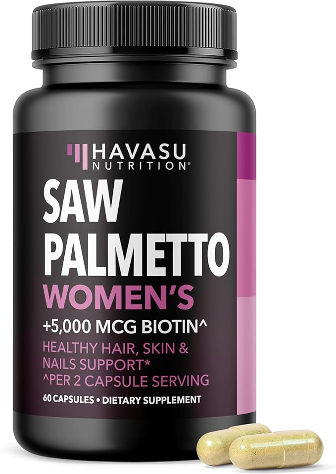 Saw Palmetto for Women with Biotin 5000mcg - Powerful DHT Blocker to Support Hair Skin and Nail Health - 60 Count - Vegan Non-GMO Vitamin for Stronger Fuller Looking Locks - 1 Month Supply
