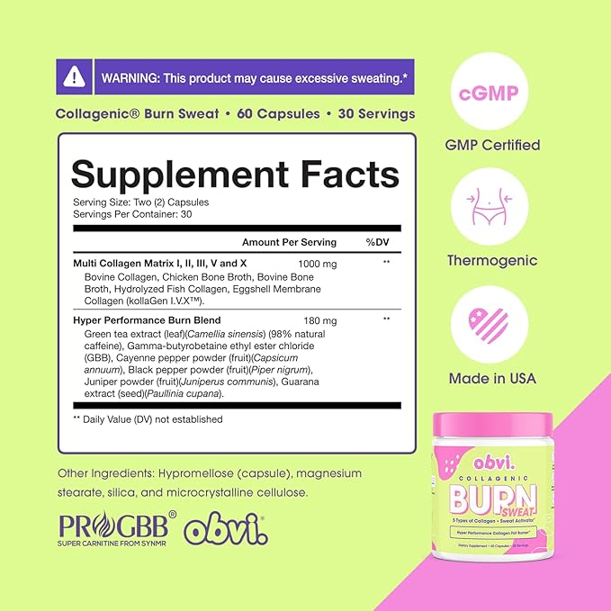 Obvi Collagenic Burn Sweat | Thermogenic Collagen with GBB &amp Green Tea | Supports Sweat &amp Metabolism | 5 Types of Collagen for Hair Skin &amp Joints | 60 Capsules