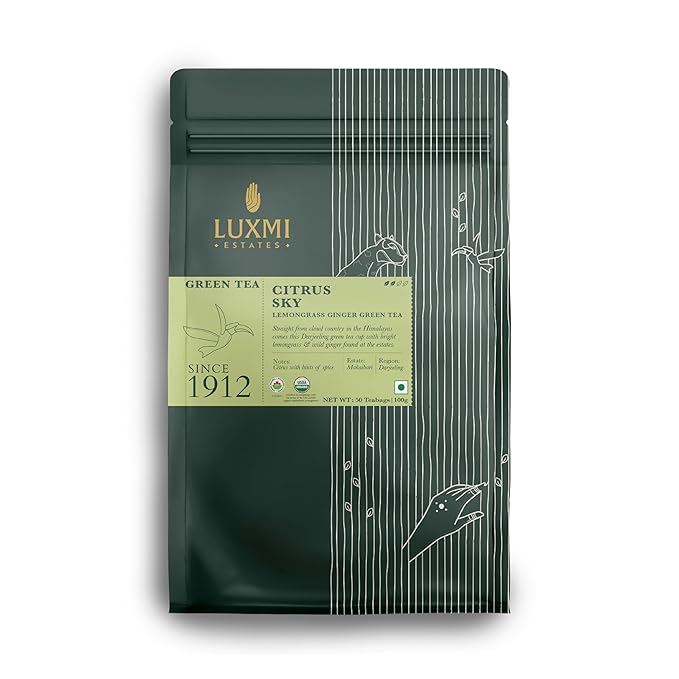 Luxmi Estates Citrus Sky Lemongrass Ginger Green Tea 50 Tea Bags (100g) Pack | Certified Organic Darjeeling Green Tea | Natural Lemon Balm Tea - Calming Supports Digestion | 50 Cups Bulk Pack