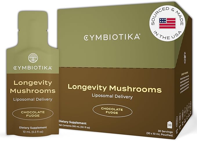 CYMBIOTIKA Liposomal Mushroom Supplement with Lion's Mane Turkey Tail B-Vitamins Cordyceps &amp Reishi Mushrooms Supplements for Immune Support and Energy Chocolate Fudge Flavor 30 Pack