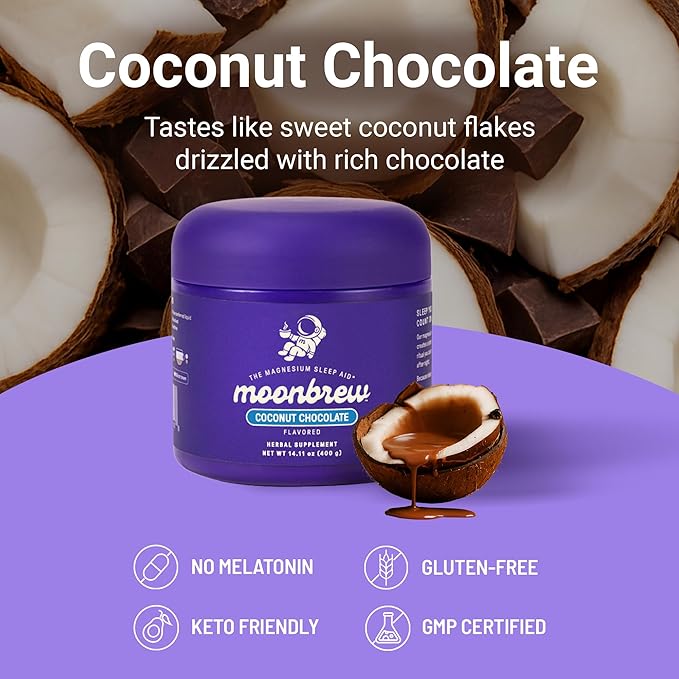 MoonBrew Nighttime Magnesium Coconut Chocolate Mix Natural Sleep Aid Drink Mix for Adults - Calming Melatonin-Free Sleep Support Powder with Magnesium Glycinate L-Theanine Chamomile &amp Zinc