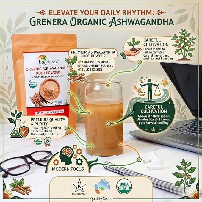 Grenera Organic Ashwagandha Powder 2.2 lbs (35.2 Ounce) (Withania somnifera) - Organic Vegan Kosher Certified