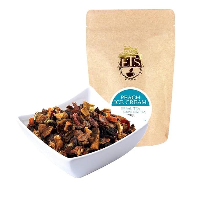 English Tea Store Peach Ice Cream Herbal Tea - 16oz | Loose Leaf Fruit &amp Floral Blend | Caffeine Free Dessert Tea | Real Peach Apple &amp Flower Infusion | Serve Hot or Iced