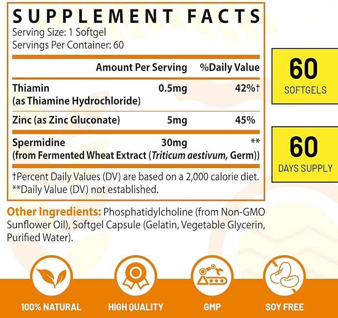 30mg Spermidine Supplement for Men &amp Women High Absorption More Potent Than Spermidine 3HCL - for Cellular Renewal Longevity &amp Cognitive Fermented Wheat Germ Extract Pure &amp Natural 6