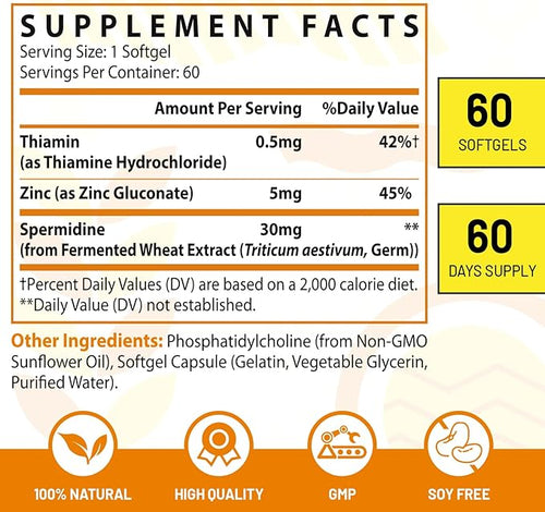 30mg Spermidine Supplement for Men &amp Women High Absorption More Potent Than Spermidine 3HCL - for Cellular Renewal Longevity &amp Cognitive Fermented Wheat Germ Extract Pure &amp Natural 1