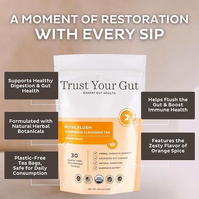 Trust Your Gut Organic Herbal Tea - Royal Flush Mugwort Wormwood Mullein Leaf Blend Caffeine-Free Liver &amp Digestive Wellness Support - Orange Spice 30 Plastic-Free Bags 2.33 oz