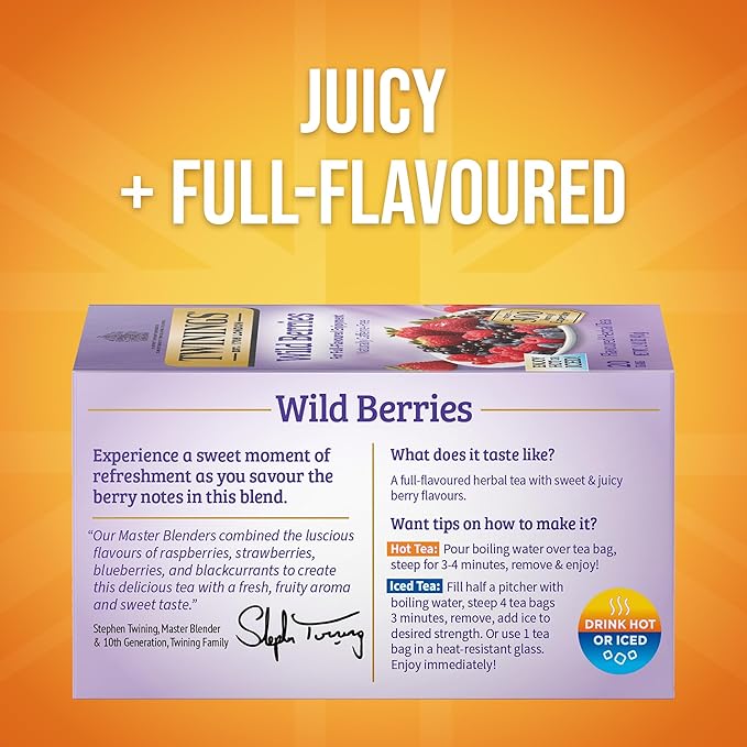 Twinings Wild Berries Herbal Tea Individually Wrapped Bags 20 Count (Pack of 6) Full-Flavoured Naturally Caffeine-Free Enjoy Hot or Iced 120 Teabags