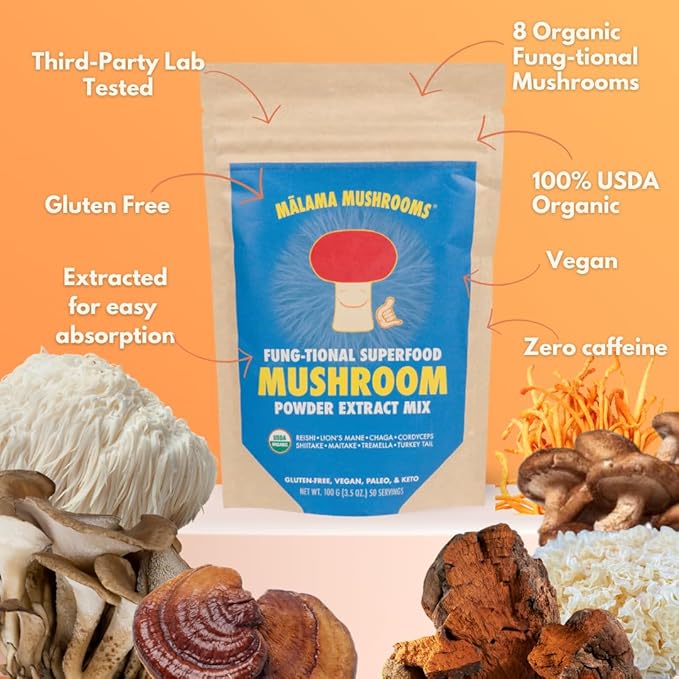 8-Mushroom Extract Powder by Malama Organic Body Mushroom Blend Featuring Lion's Mane Reishi Cordyceps Chaga Turkey Tail Superfood Adaptogenic