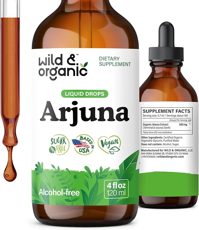 Wild &amp Organic Arjuna Bark Extract Drops - Antioxidant Support - Terminalia Arjuna Extract Supplement - Add to Tea &amp Mix with Powder - No Sugar &amp Alcohol Non-GMO Vegan - 4 fl oz