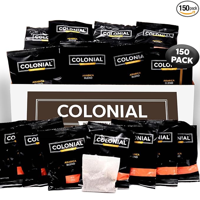 Colonial In-Room Decaf Ground Coffee Filter Packs for Hotel Rooms Decaffeinated Dark Roast 0.50 Ounce (Pack of 150) Use with 4-Cup Drip Coffee Machine