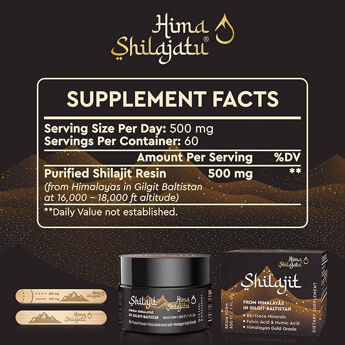 Hima Shilajatu Shilajit Purest Himalayan Organic Shilajit Resin - Gold Grade 100% Purity Shilajit with Fulvic Acid &amp 85+ Trace Minerals Complex for Energy &amp Immune Support 30 Grams (2 Months