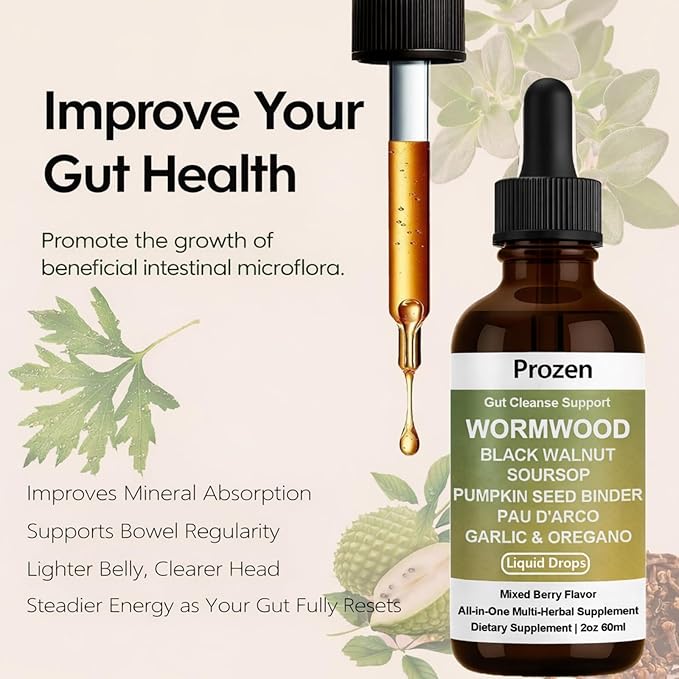 Prozen Wormwood Gut Cleanse Liquid Drops Nuvian Wormwood Black Walnut Clove Gut Cleanser for Adults with Soursop Pumpkin Seed Pau D'Arco Garlic Oregano Boosts Energy Health &amp Absorption2Oz